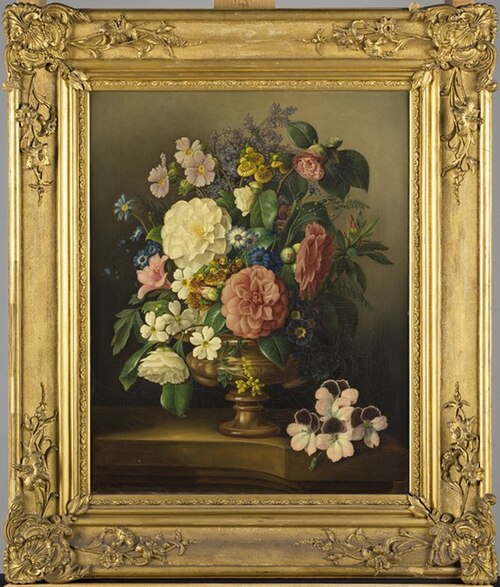 Bloemstuk met rozen, pantoffelbloempjes, seringen, viooltjes en andere bloemen, 1859, Johan Joeke Gabriël van Wicheren