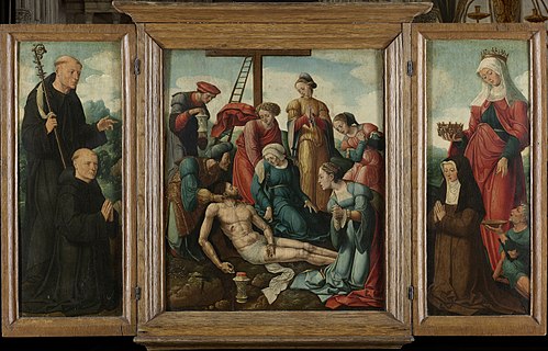Triptych with the Lamentation of Christ (centre panel), the donor with St Benedict (inner left wing), 1540, Cornelis, the younger Buys