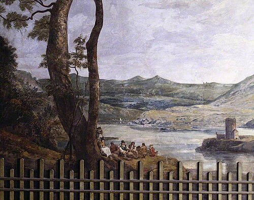 Landscape with a Castle (fresco from the Painted Dining Room, Drakelowe Hall), 1793, Paul Sandby