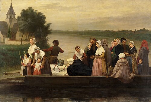 A Funeral Procession Crossing the River Lys at Afsnee, 1875, Joseph Pauwels