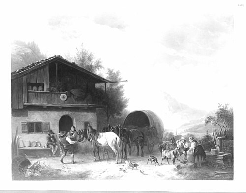 Gebirgslandschaft mit Wirtshaus, Fuhrwerk und Bauern, 1846, Wilhelm Melchior