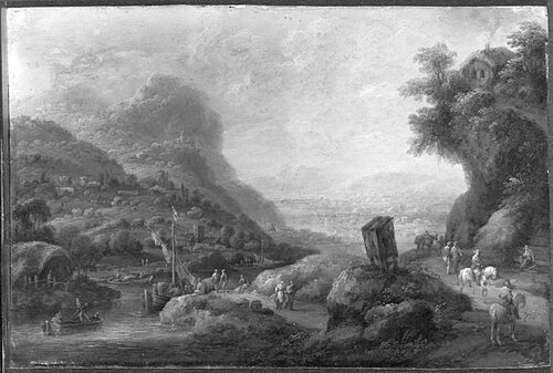 Felsige Landschaft mit Aussicht auf ein Flusstal, 1756, Franz Hochecker