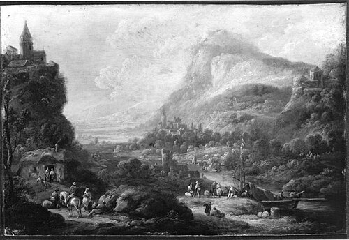 Flusslandschaft mit Ruine und Kirchdorf, 1756, Franz Hochecker
