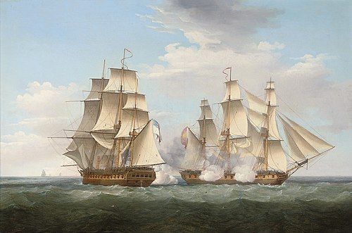 HMS Ethalion in action with the Spanish frigate Thetis off Cape Finisterre, 16 October 1799, 1800, Thomas Whitcombe