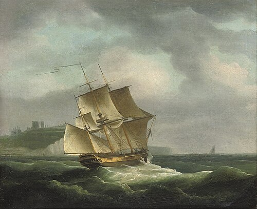 A three-masted merchantman beating her way up the Channel past Dover Castle, , Thomas Whitcombe