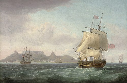 View of Cape Town, Table Bay, Cape of Good Hope, with a seventy-four gun ship lying-to for convoy, 1818, Thomas Whitcombe