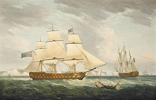 H.M.S. Bombay Castle, in two positions, in the Channel off Dover, 1795, Thomas Whitcombe