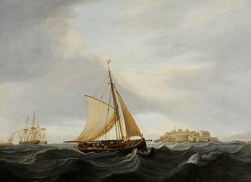 A Lugger off Castle Cornet, Guernsey, 1785, Thomas Whitcombe
