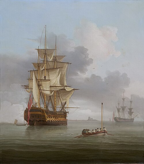 A becalmed man o'war firing a salute, 1797, Thomas Whitcombe
