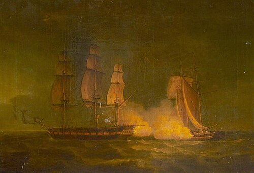 'Hibernia' beating off the privateer 'Comet', 10 January 1814: on quarter, 1850, Thomas Whitcombe