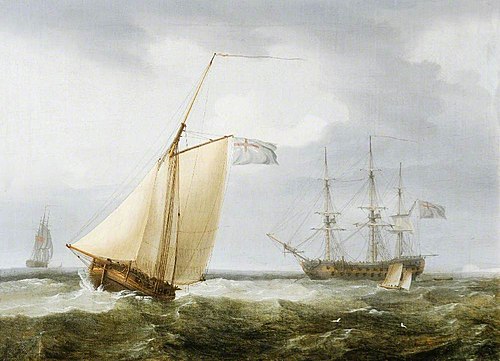 A Fishing Boat with a Warship at Anchor off Dover, 1805, Thomas Whitcombe