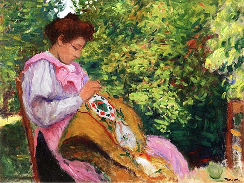 Jeune femme brodant, assise dans un jardin, 1896, Albert Marquet