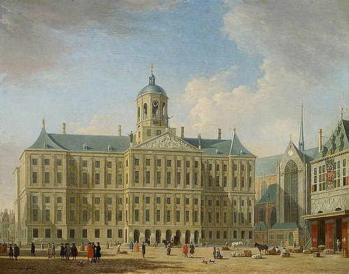 Dam Square in Amsterdam with the town hall, the Nieuwe Kerk and the Waag, 1744, Jan ten Compe