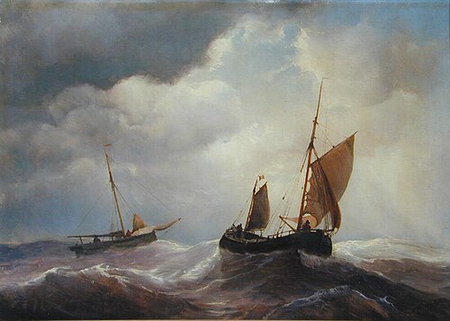 Een Belgisch pleitschip, met ruime wind varende, en een kotter voor anker, 1850, Louis Meijer
