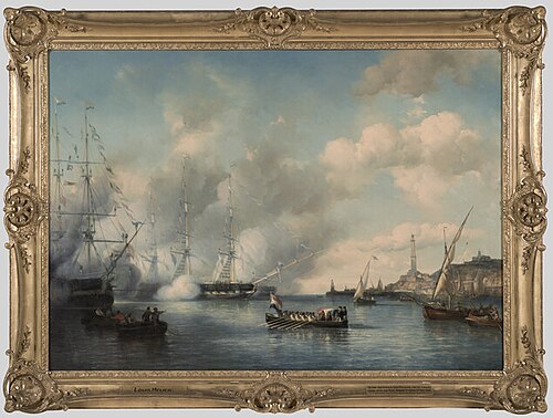 Bezoek van koningin Anna Paulowna aan het eskader van prins Hendrik liggende ter rede van Genua, 1845, Louis Meyer