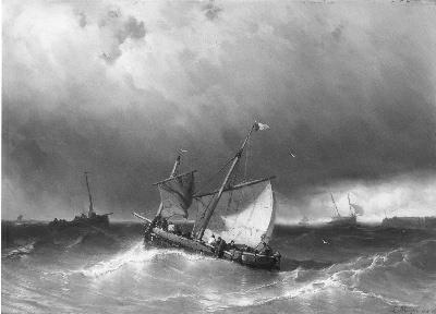 Woelige zee, op de voorgrond een vissersschip, 1858, Louis Meyer