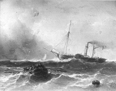 Woelig water, in de verte een stoomboot, 1845, Louis Meyer