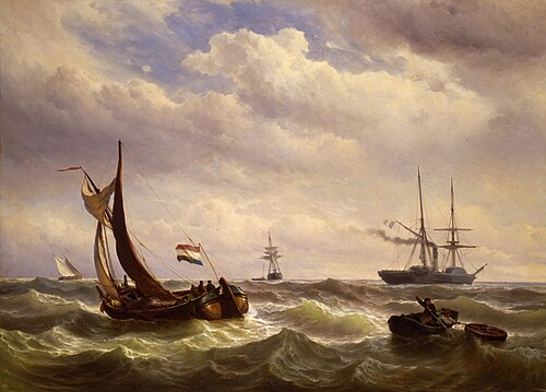 Zeegezicht met zeilschepen, sloep en stoomboot, 1856, Louis Meyer