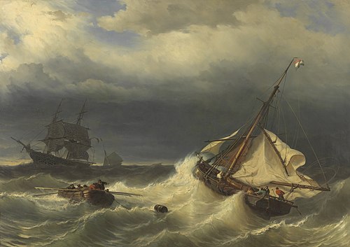 Schepen op zee bij stormachtig weer, 1860, Louis Meyer