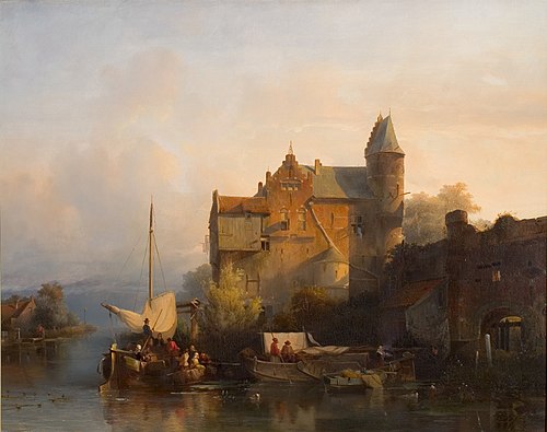 Rivierlandschap met gebouw en waterpoort, 1841, Salomon Leonardus Verveer