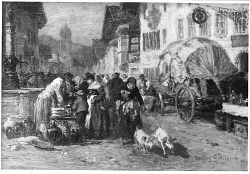 Marktszene in Mittenwald, 1897, Robert Schleich