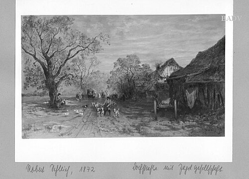 Dorfstraße mit Jagdgesellschaft, 1872, Robert Schleich
