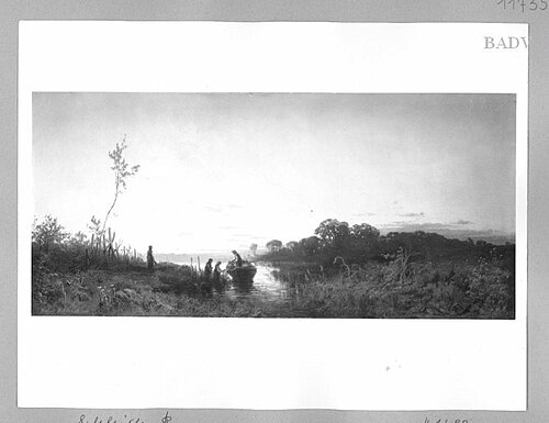 boat in marshy country at sunset, 1871, Robert Schleich
