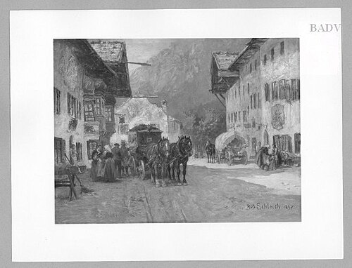 Gebirgsstädtchen mit Postkutsche vor dem Wirtshaus, 1897, Robert Schleich