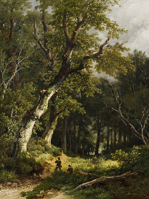 Wooded landscape with two hunters, 1872, Remigius Adrianus Haanen