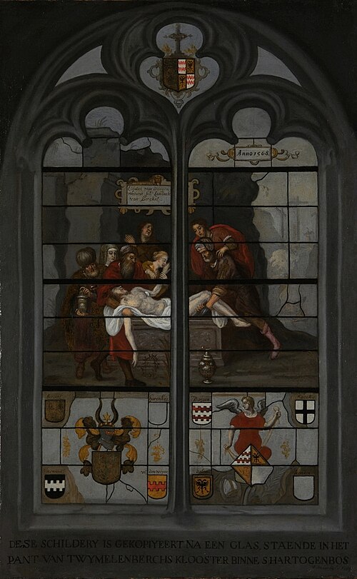 The Entombment of Christ after a stained glass window in the former Bethany Monastery in 's-Hertogen, 1688, Jacobus de Langhe