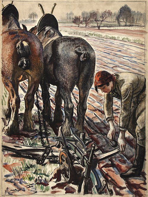 Land girl with horse drawn plough, , Laura Knight