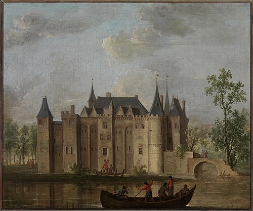 Het Slot van Gouda van de kant van de IJssel gezien., 1694, Christoffel Pierson