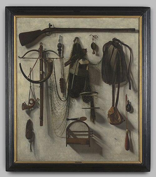 Schildering "Jachtstilleven à trompe l'oeil" op linnen door Christoffel Pierson, 1650, 1650, Christoffel Pierson