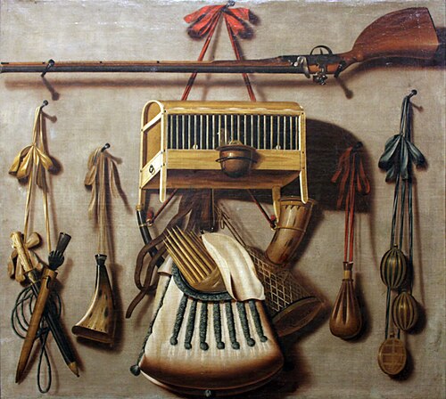 Still life with hunting weapons and equipment, 1669, Christoffel Pierson