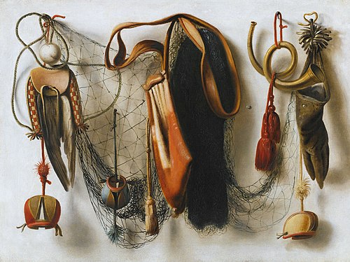 A Trompe l'Oeil of Hawking Equipment, including a Glove, a Net and Falconry Hoods, hanging on a Wall, 1700, Christoffel Pierson
