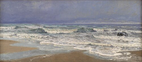 Gråvejrsdag ved Vesterhavet med brænding, 1890, Thorvald Niss