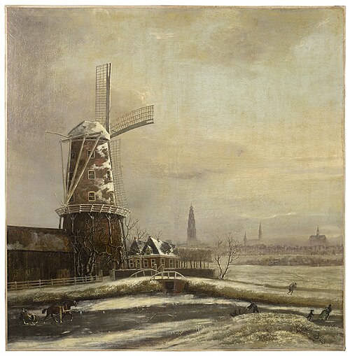 The Halfswegmolen along the Boterdiep canal; in the background the city of Groningen, 1851, Geerd Jans Kiewiet de Jonge