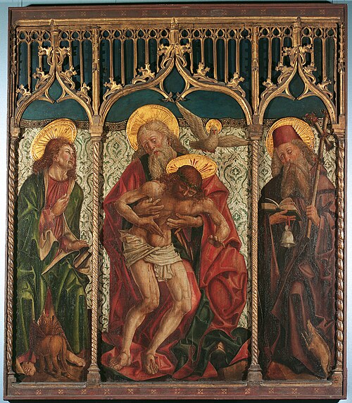 Hl. Dreifaltigkeit zwischen den hll. Markus und Antonius Eremita, 1485, Friedrich Pacher