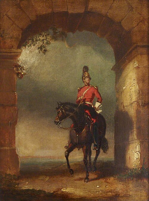 An Officer of the Dragoon Guards mounted on his Charger beneath an Arch, 1821, Robert Ker Porter