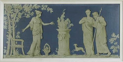 Bovendeurstuk, witte schildering tegen blauwe achtergrond: klassieke voorstelling van vrouw bij vuur, 1898, Willem Adrianus Fabri