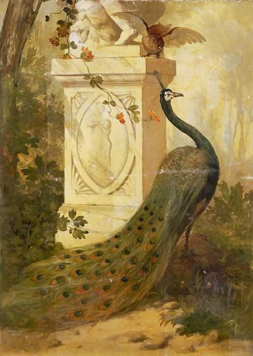 Deur (benedendeel) met amorbeeld en pauw aan voorzijde, zonder lijst en spieraam, 1898, Willem Adrianus Fabri