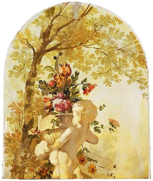 Deur (bovendeel) met amorbeeld en bloemen aan voorzijde, zonder lijst, 1898, Willem Adrianus Fabri