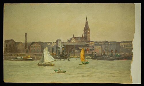 Zicht vanaf het water met op de achtergrond mogelijk de Wilhelminakerk aan de Oranjeboomstraat en Pe, , Pieter Been
