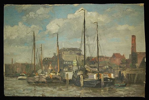 Persoonshaven Feyenoord (?) met zeilvrachtschepen aan de kade, 1904, Pieter Been