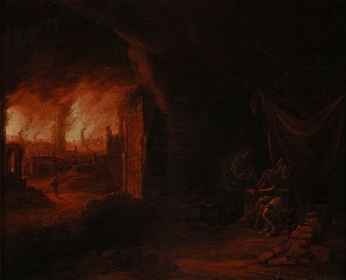 De brand van Sodom en Gomorrah, met op de voorgrond Lot en zijn dochters, , Claes Jansz. van der Willigen