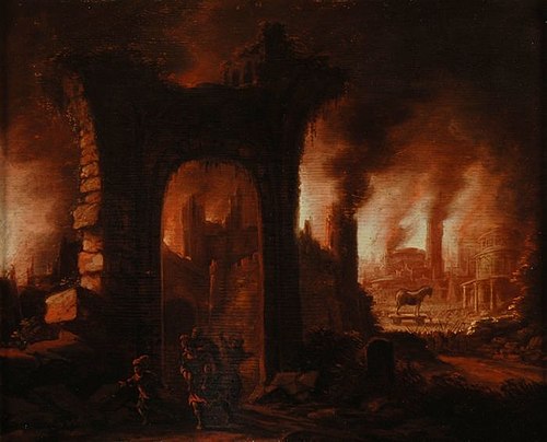 De brand van Troje, met vluchtende mensen en het paard van Troje, , Claes Jansz. van der Willigen