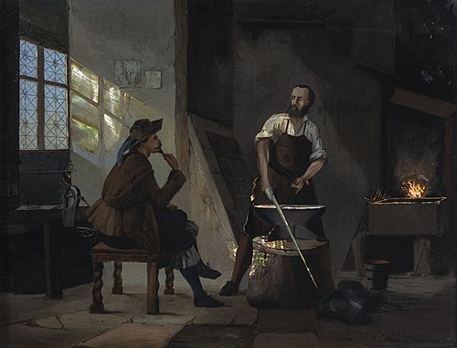 Achterglasschilderij: Jan de Smid (Swartjan) hoort dat de Spanjaarden voor de stad liggen, 1872, Hermanus Petrus Antonius Gunneweg