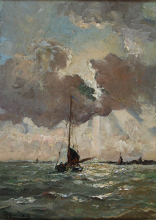 Schuit op de rivier de Merwede met gezicht op Dordrecht, , Hermanus Petrus Antonius Gunneweg