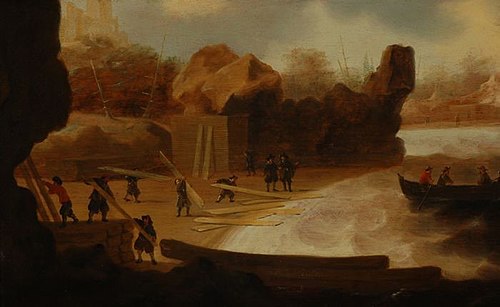 Houtwerf aan baai, 1629, Abraham Verlinden