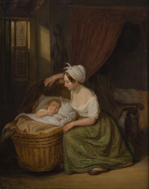 Portret van een onbekende moeder bij de wieg van haar kind, 1839, Arend Bakker